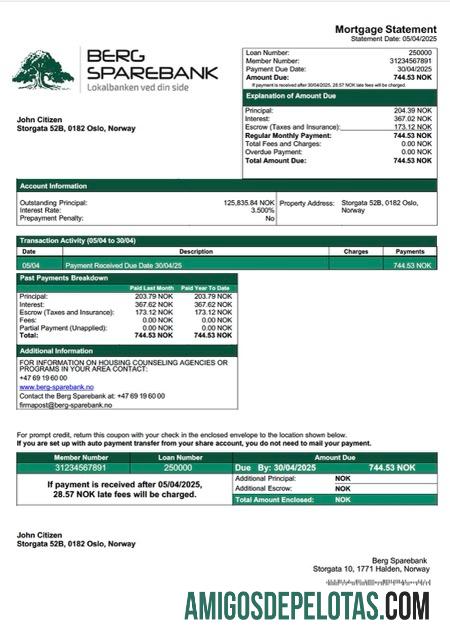 realista Modelo Word e PDF de declaração de hipoteca do Norway Berg Sparebank